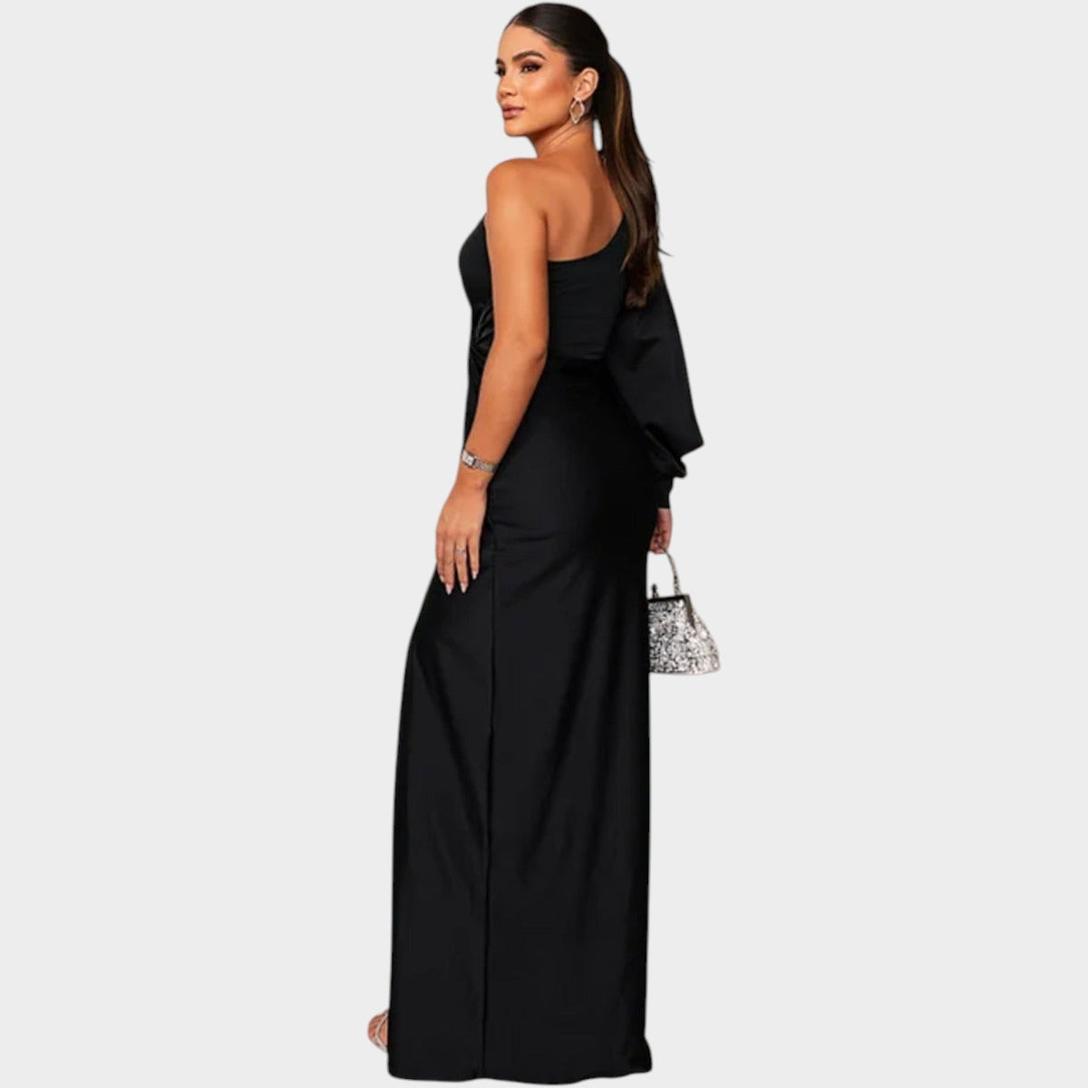 One shoulder satin gala maxi dress with draped long sleeve, twist front and side slit - view 17