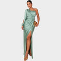 One shoulder satin gala maxi dress with draped long sleeve, twist front and side slit - view 3