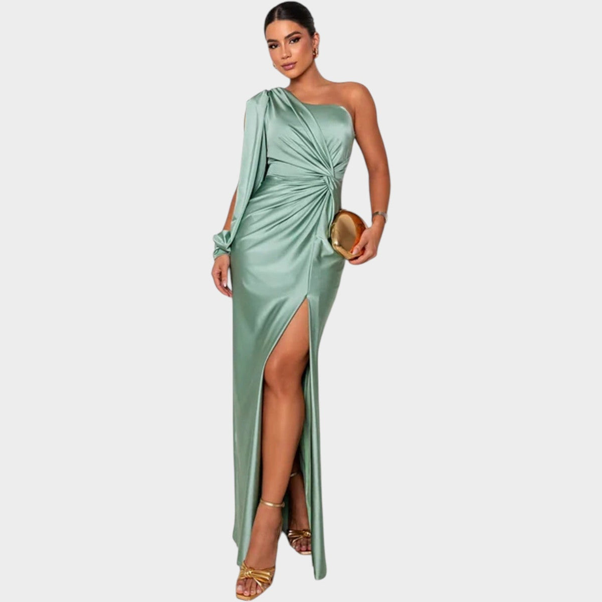 One shoulder satin gala maxi dress with draped long sleeve, twist front and side slit - view 3