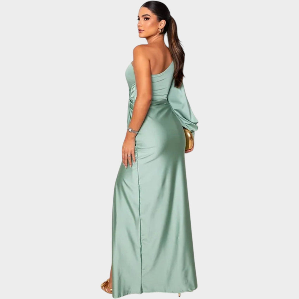 One shoulder satin gala maxi dress with draped long sleeve, twist front and side slit - view 4