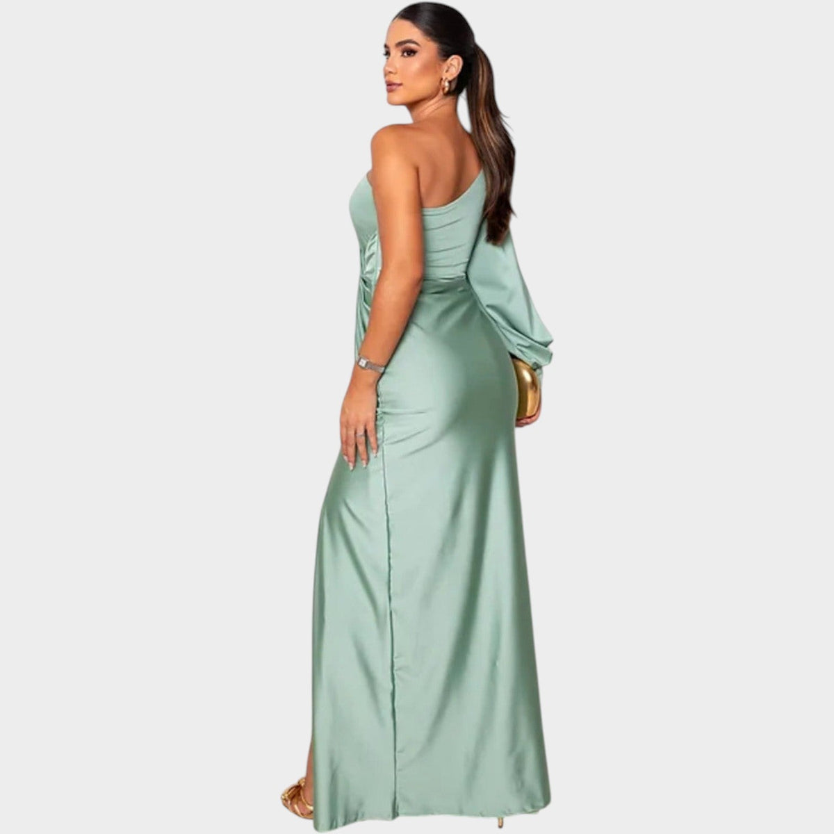 One shoulder satin gala maxi dress with draped long sleeve, twist front and side slit - view 4