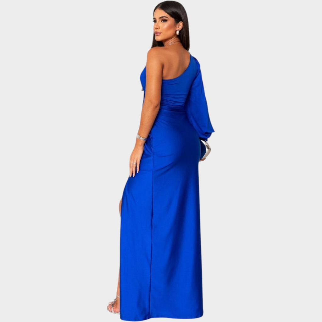 One shoulder satin gala maxi dress with draped long sleeve, twist front and side slit - view 6