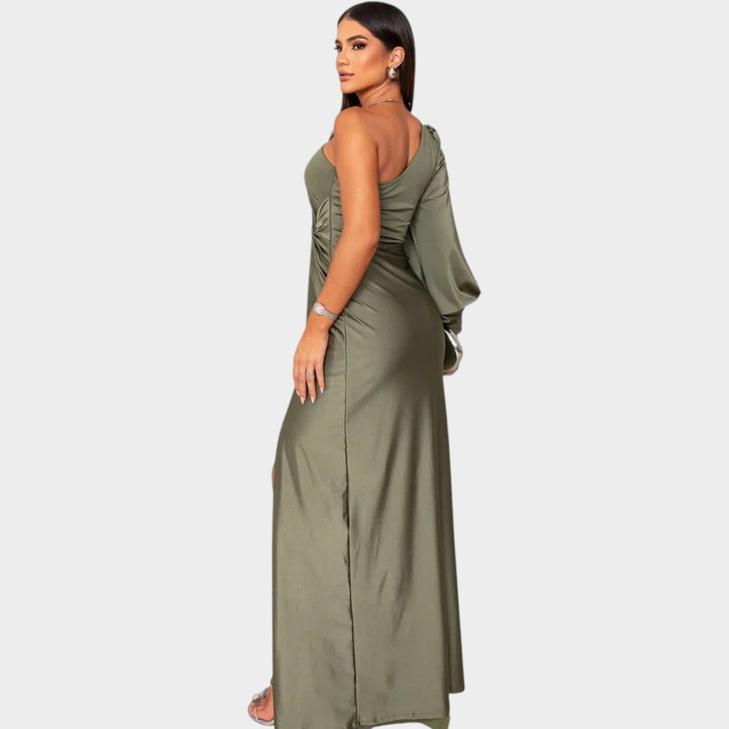 One shoulder satin gala maxi dress with draped long sleeve, twist front and side slit - view 8