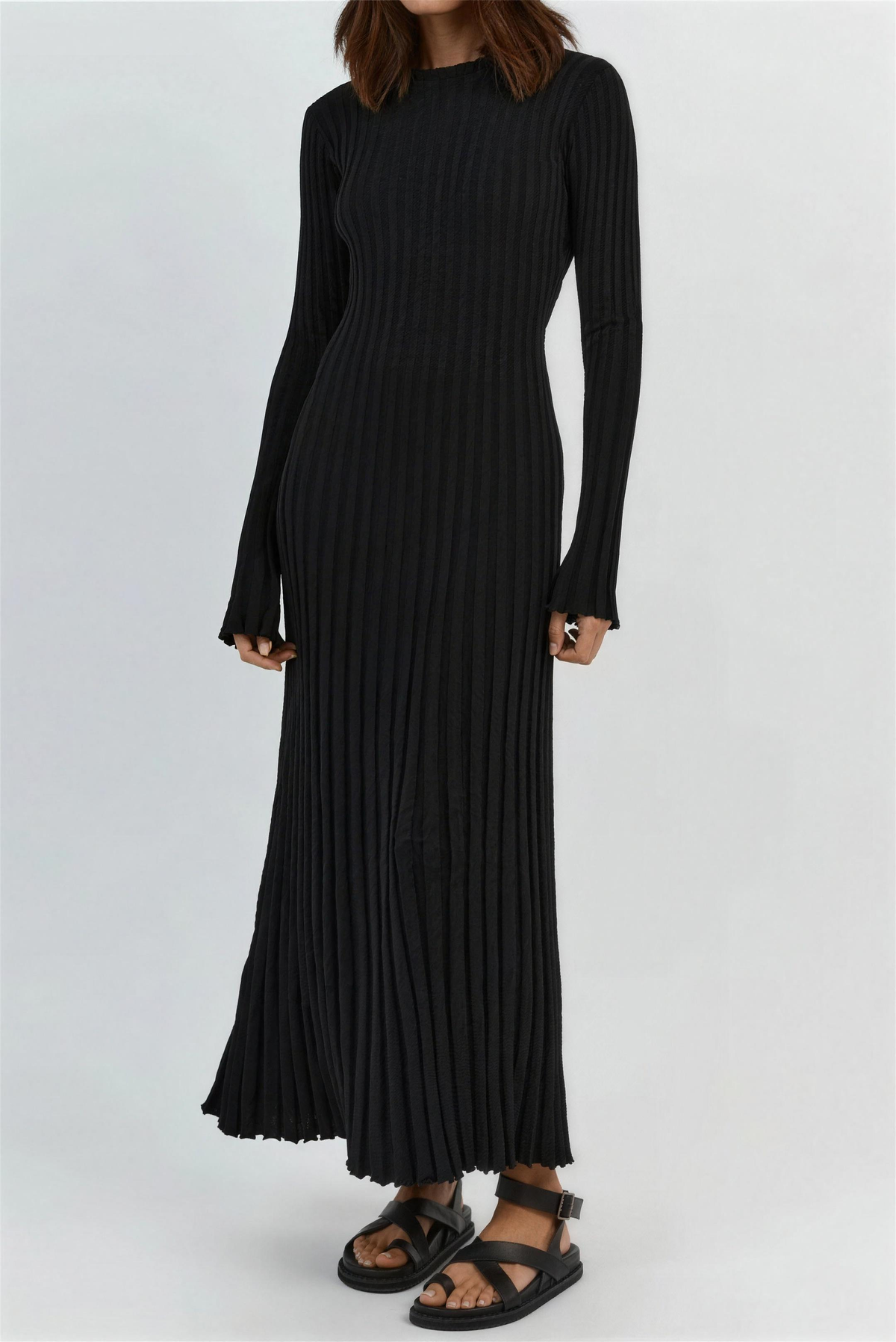 Long sleeve ribbed knit maxi sweater dress with crew neck and flared hem - view 3