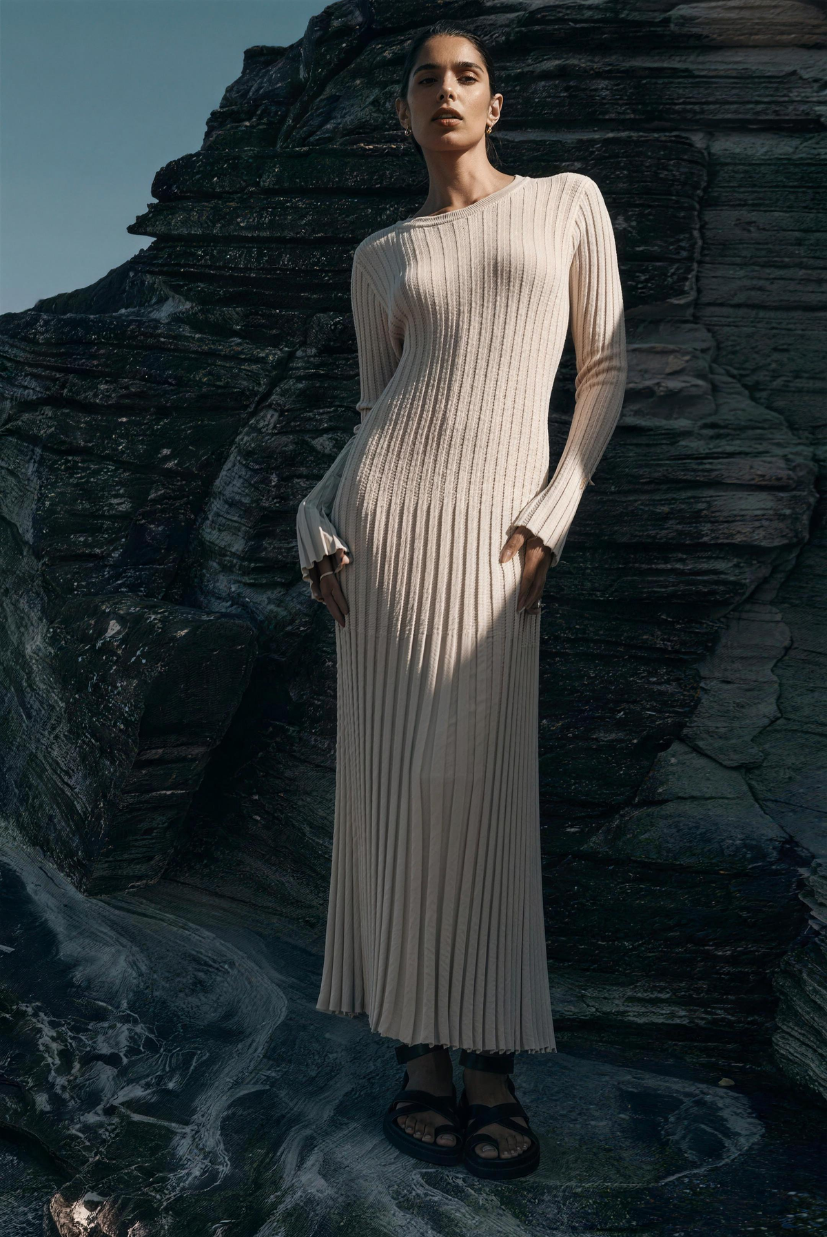Long sleeve ribbed knit maxi sweater dress with crew neck and flared hem - view 6