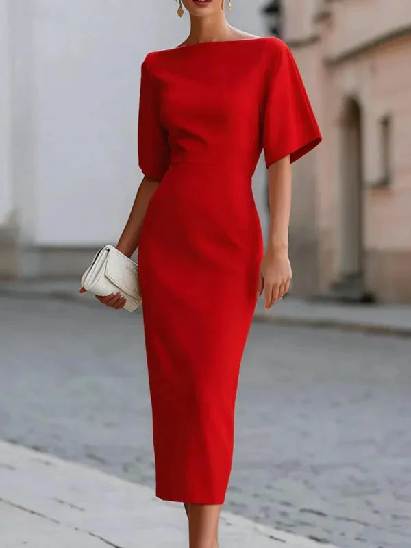 Elise Women's Boat Neck Ruffle Sleeve Midi Dress