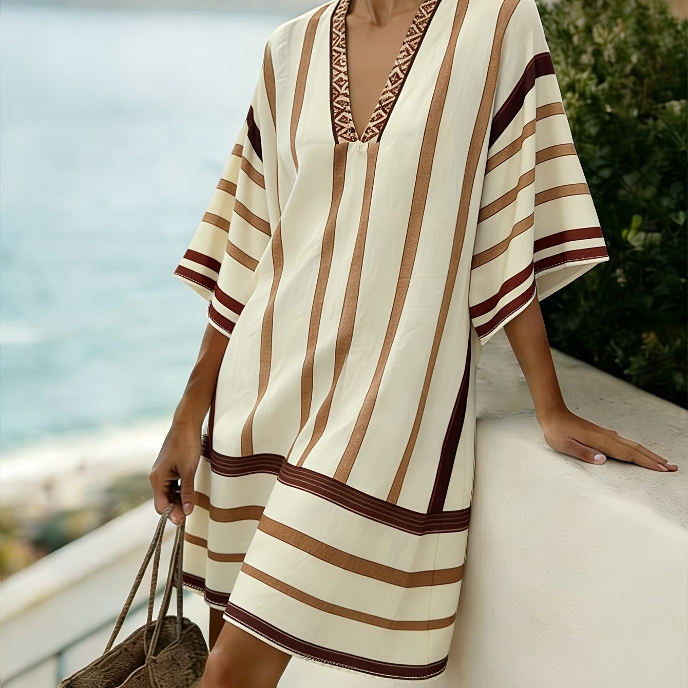 Collins | Striped Print V-Neck Boho Dress