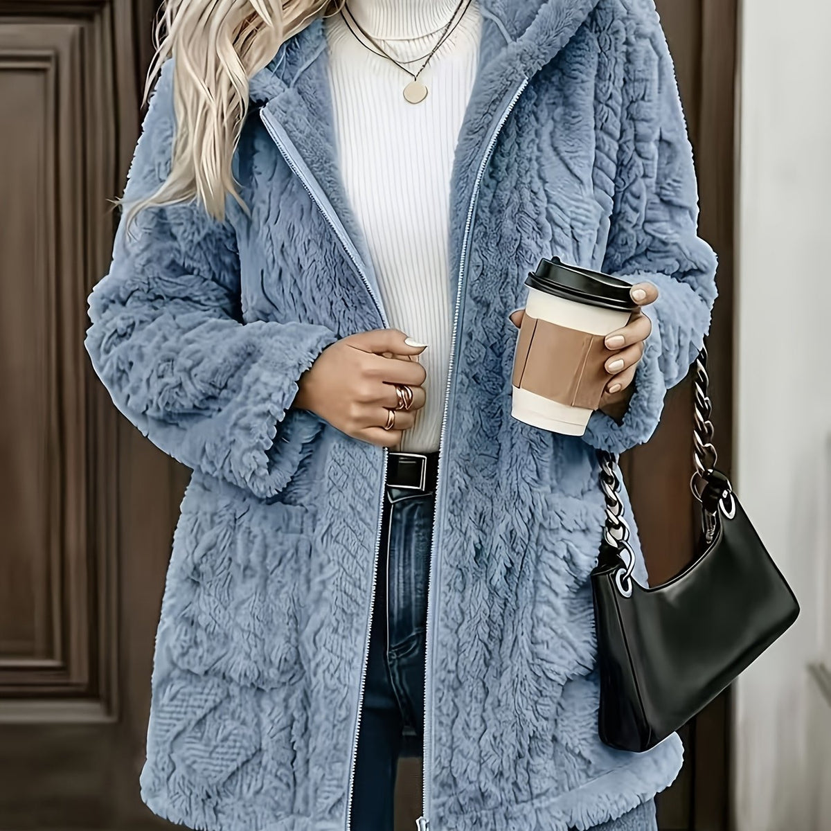 Hazel | Plush Zip Up Hooded Mid Length Coat - view 15