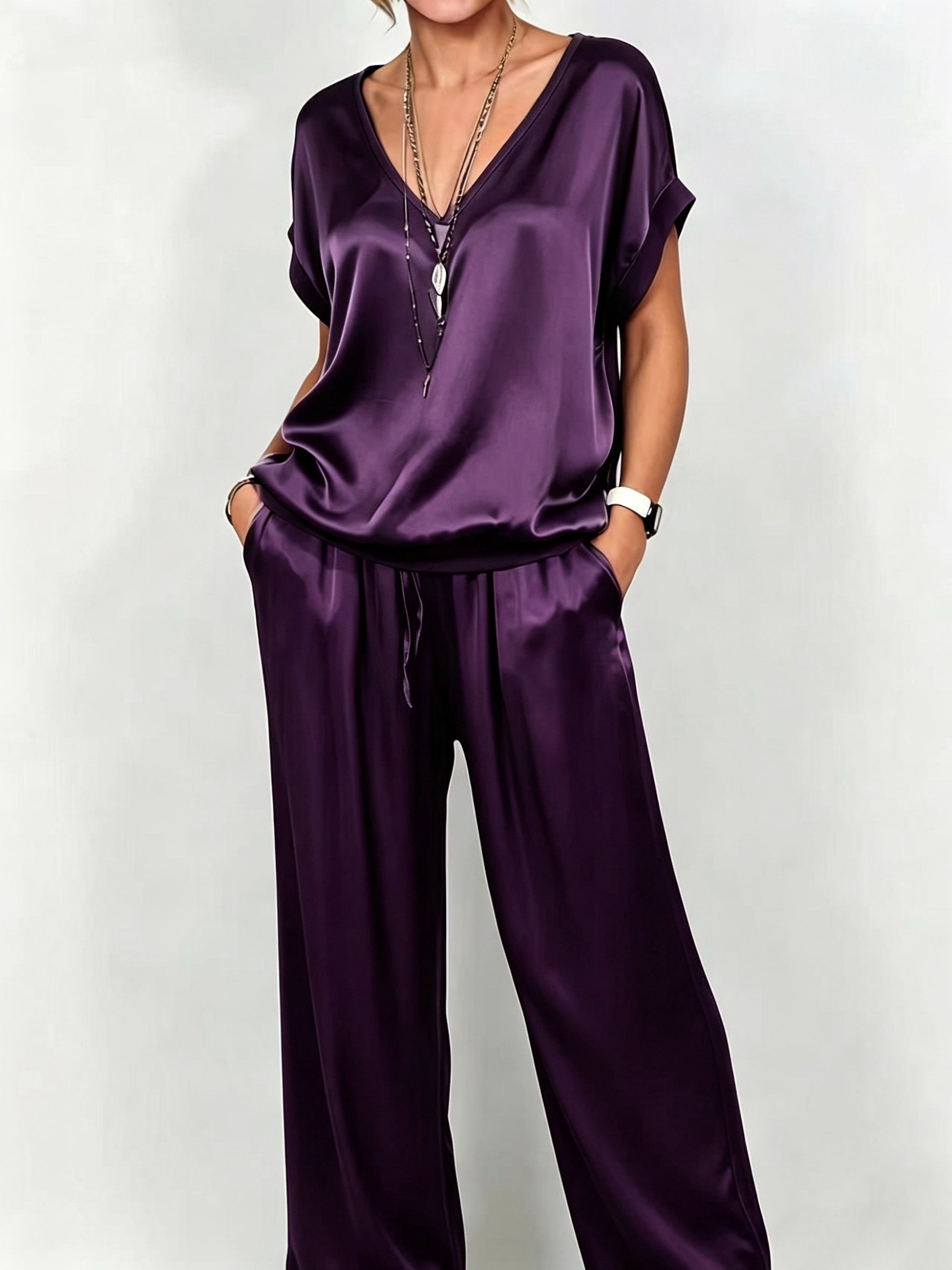 Wren | Satin V-Neck Top and Wide-Leg Pants Set