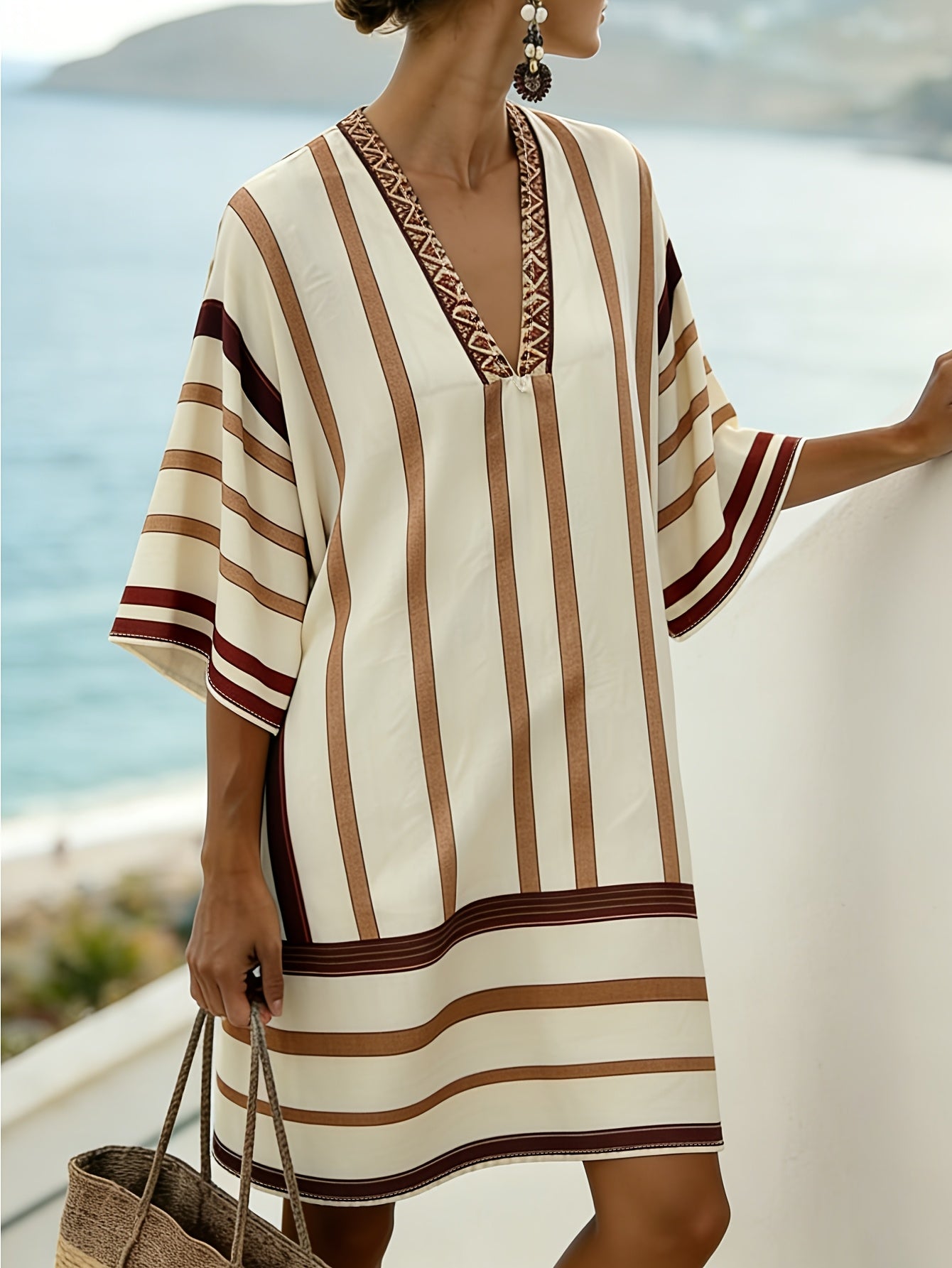 Collins | Striped Print V-Neck Boho Dress