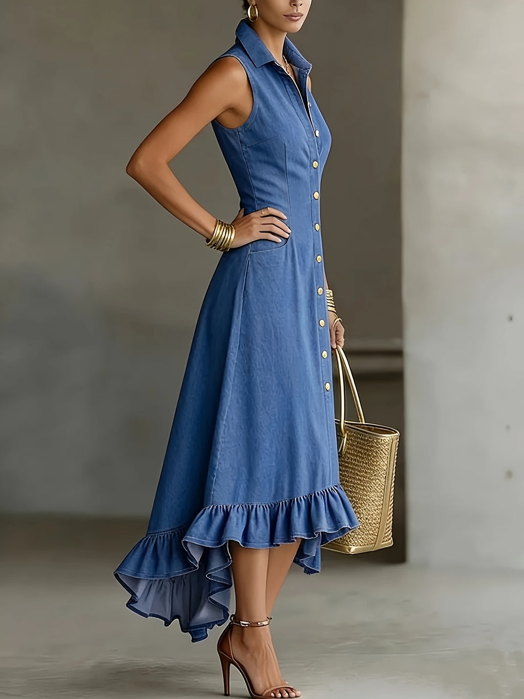 Hollis | Denim-Look Lapel Button-Up Midi Dress