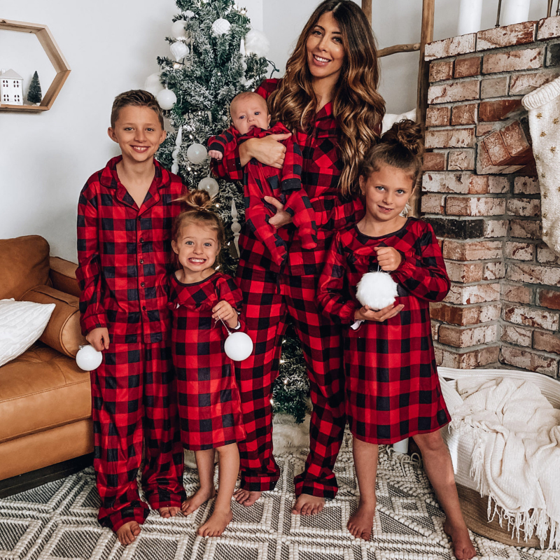 Matching red and black buffalo plaid family Christmas pajamas - view 2