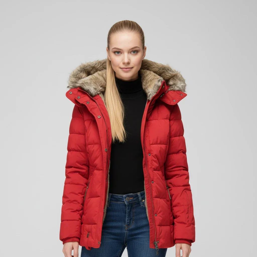 Greer | Button Front Faux Fur Trim Puffer Jacket - view 5