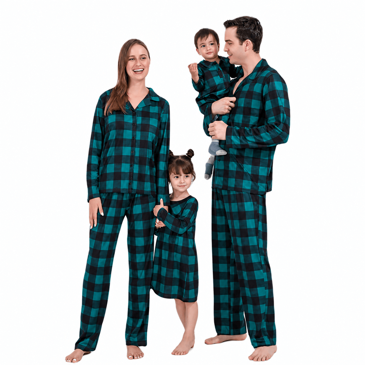 Teal and black buffalo check matching family Christmas pajamas
