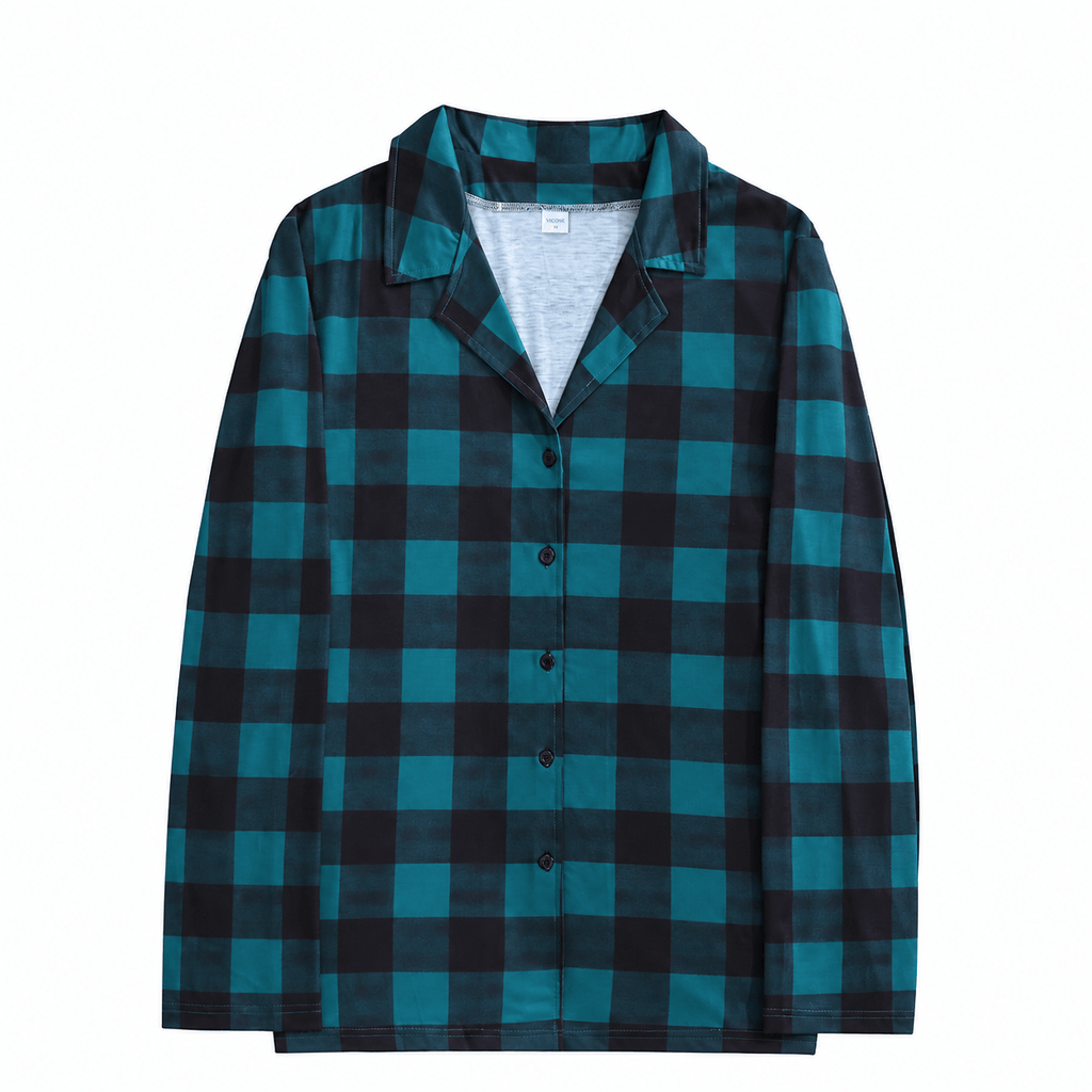 Teal and black buffalo check matching family Christmas pajamas - view 2