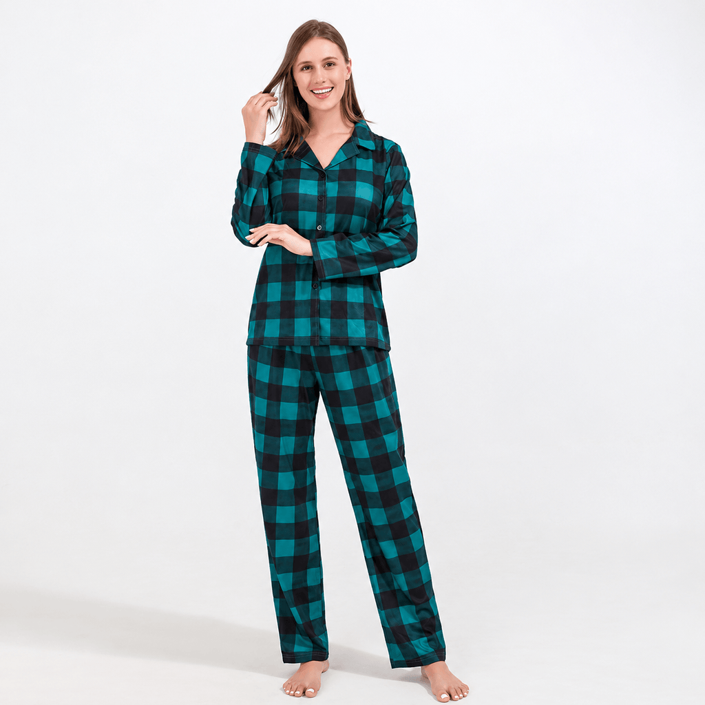 Teal and black buffalo check matching family Christmas pajamas - view 5