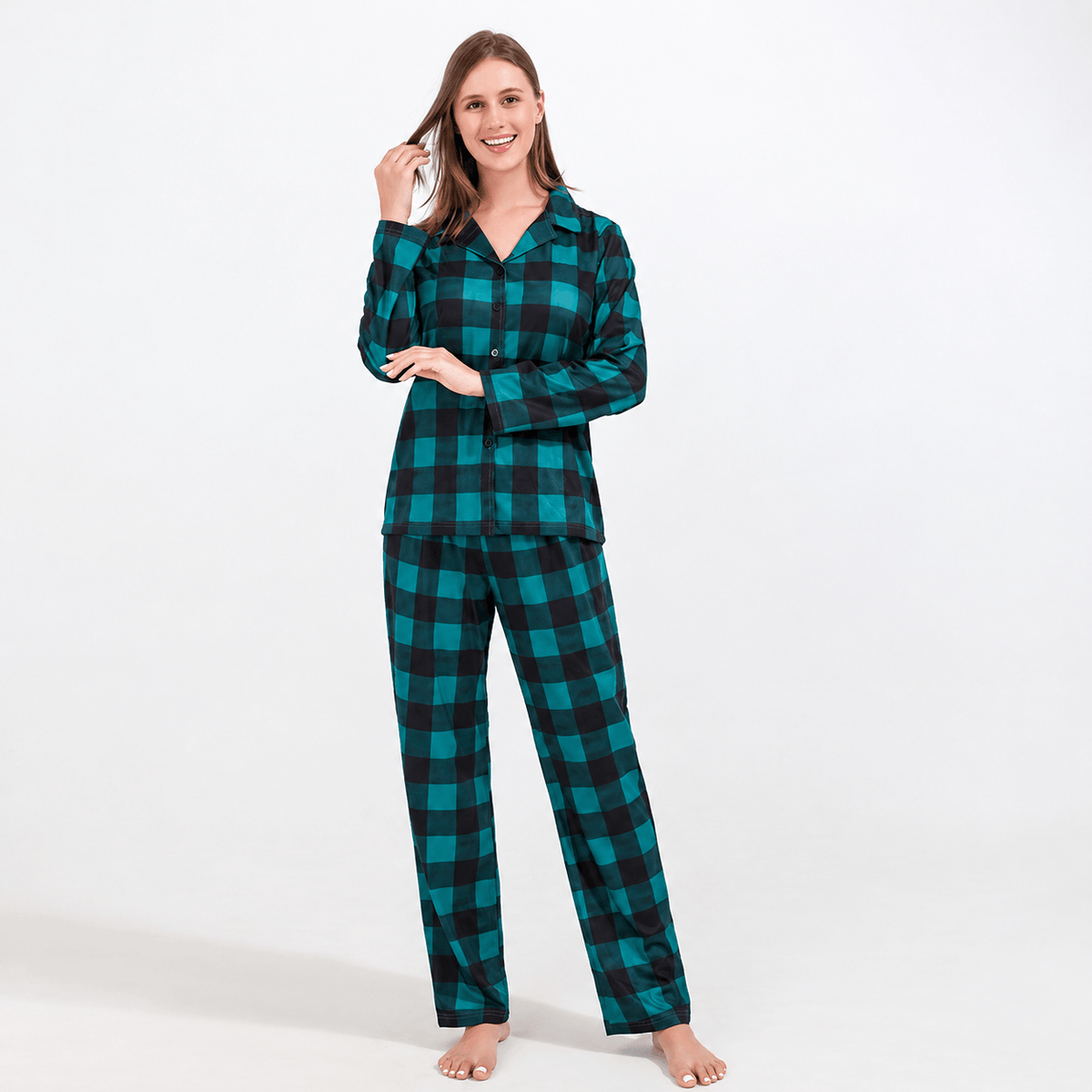 Teal and black buffalo check matching family Christmas pajamas - view 5