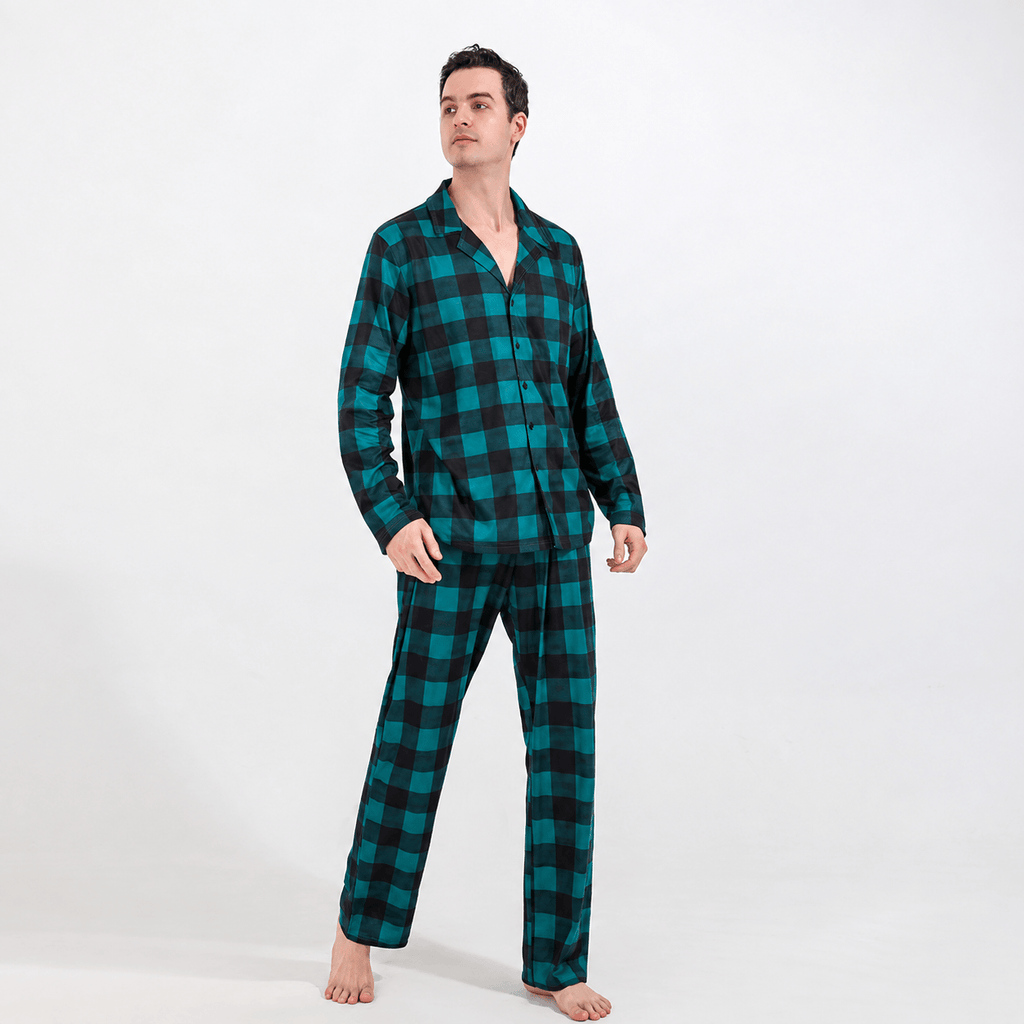 Teal and black buffalo check matching family Christmas pajamas - view 7