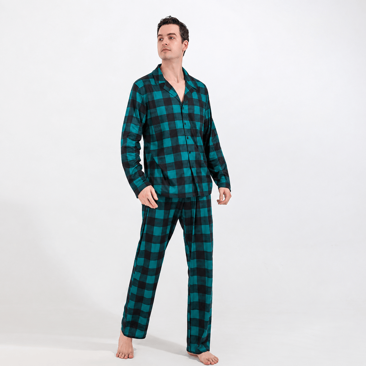 Teal and black buffalo check matching family Christmas pajamas - view 7