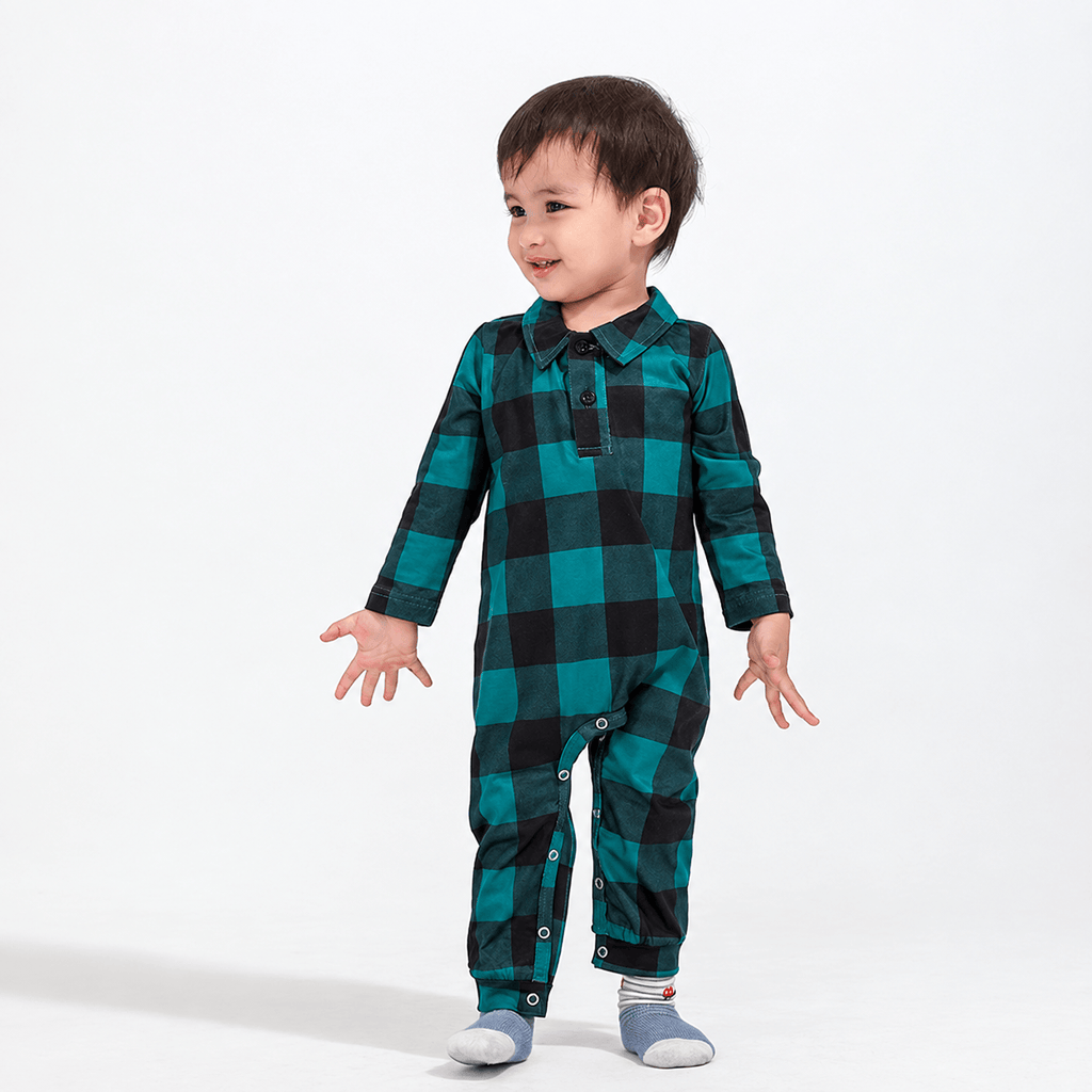Teal and black buffalo check matching family Christmas pajamas - view 9