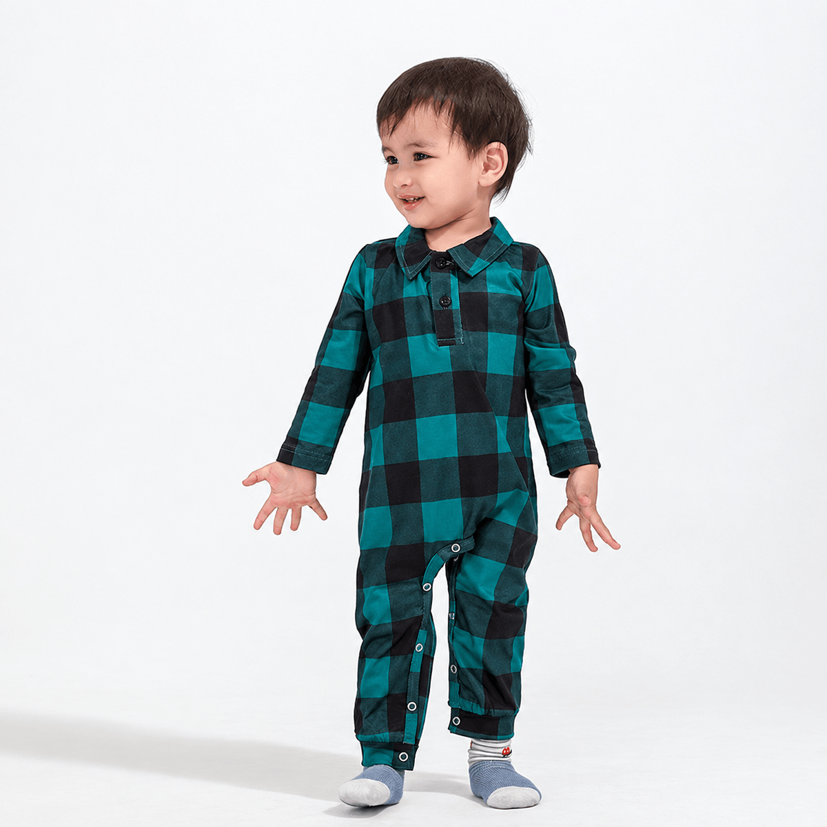 Teal and black buffalo check matching family Christmas pajamas - view 9