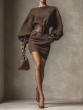 Bianca brown textured long sleeve mini dress with balloon sleeves and wide buckle belt