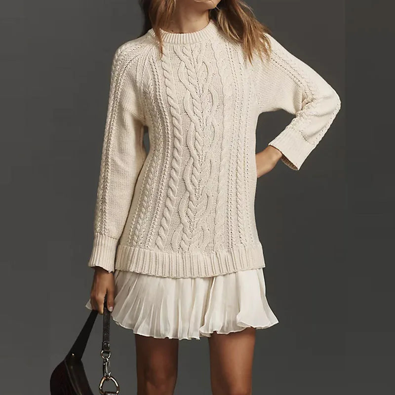 Cable knit crew neck sweater dress with long sleeves and pleated mini hem - view 6