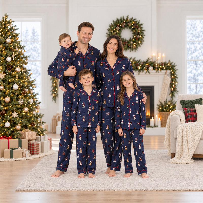 Family holiday pajamas in navy dog print with red piping