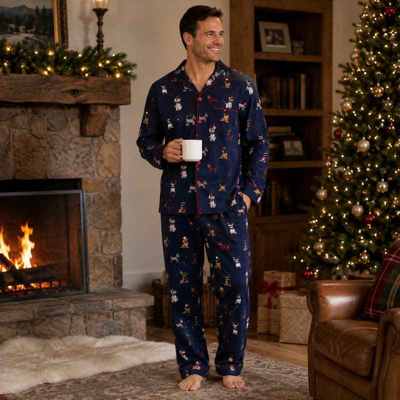 Family holiday pajamas in navy dog print with red piping - view 2