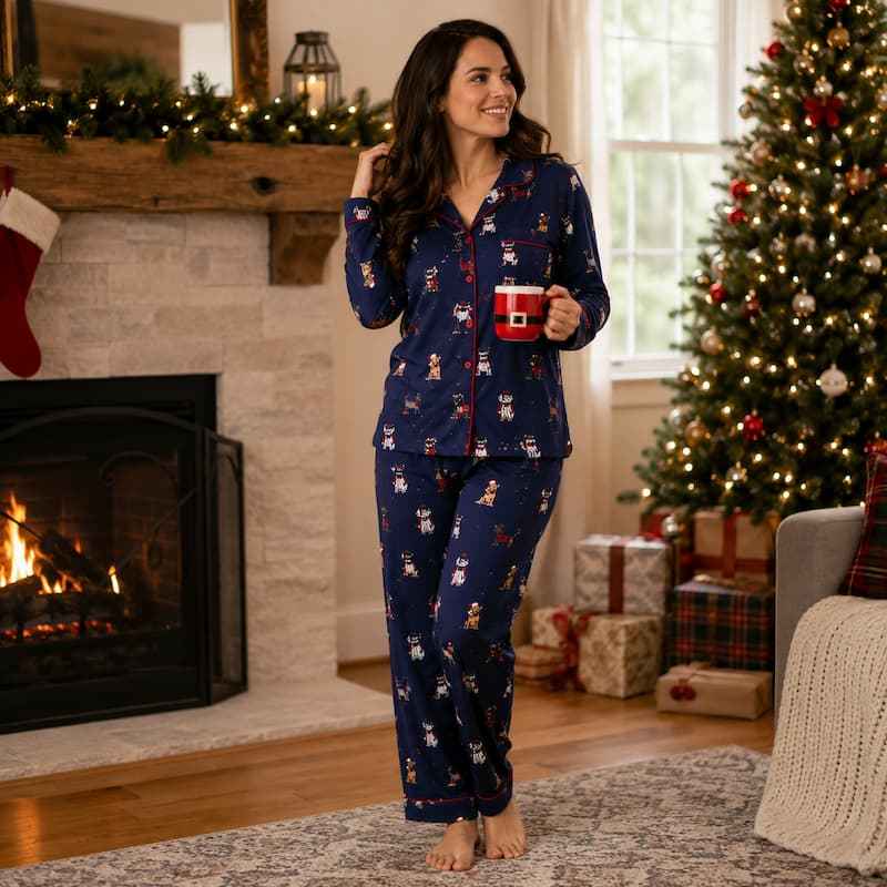 Family holiday pajamas in navy dog print with red piping - view 3