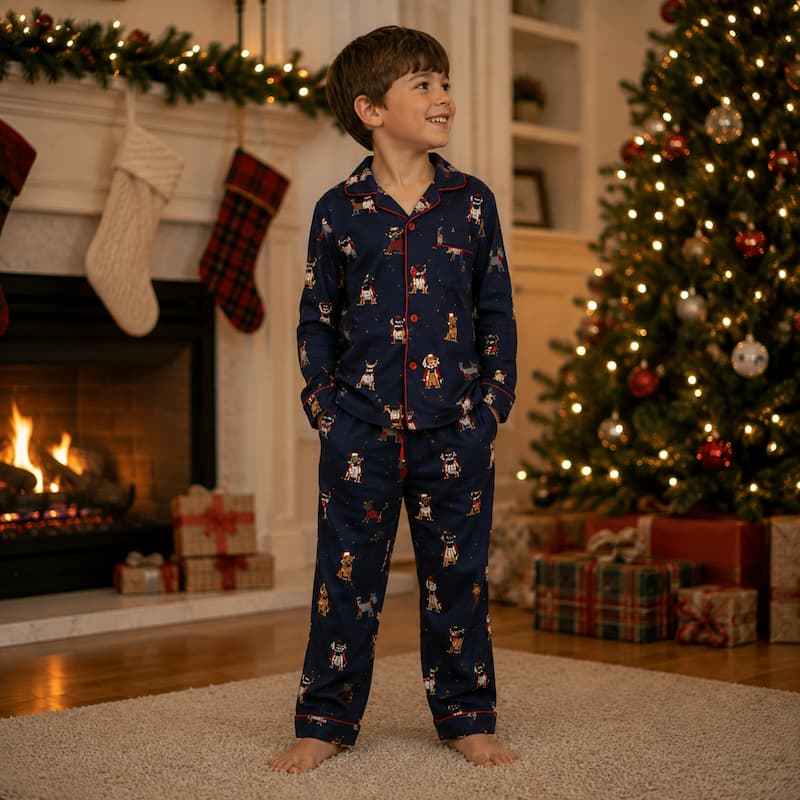 Family holiday pajamas in navy dog print with red piping - view 4