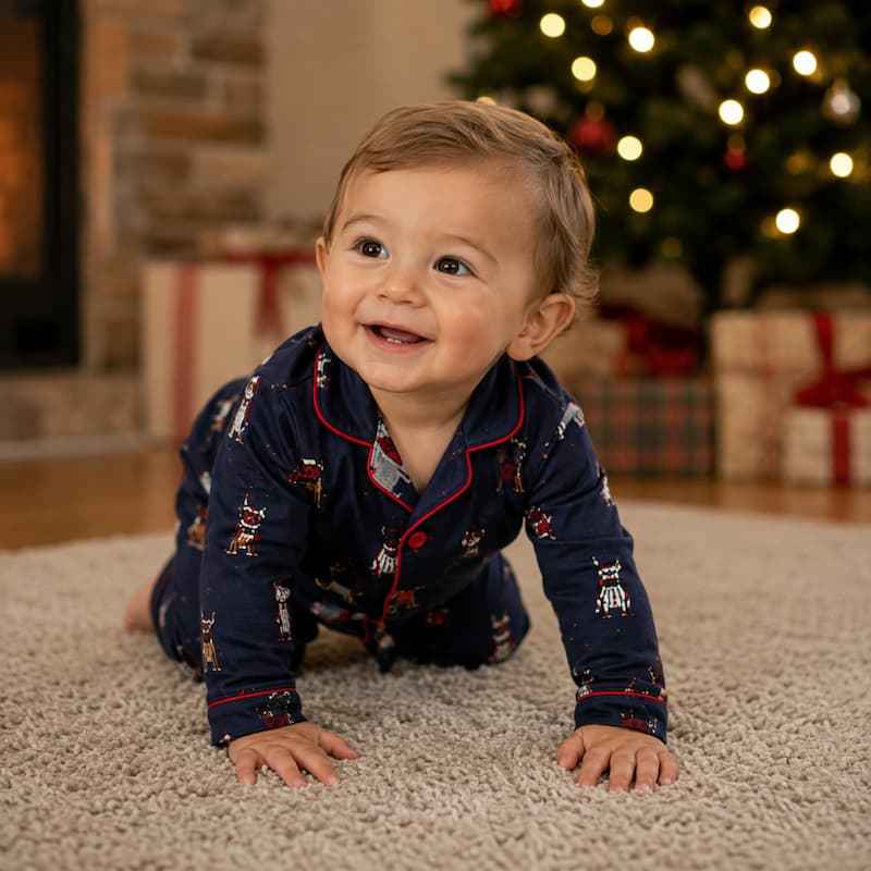 Family holiday pajamas in navy dog print with red piping - view 5