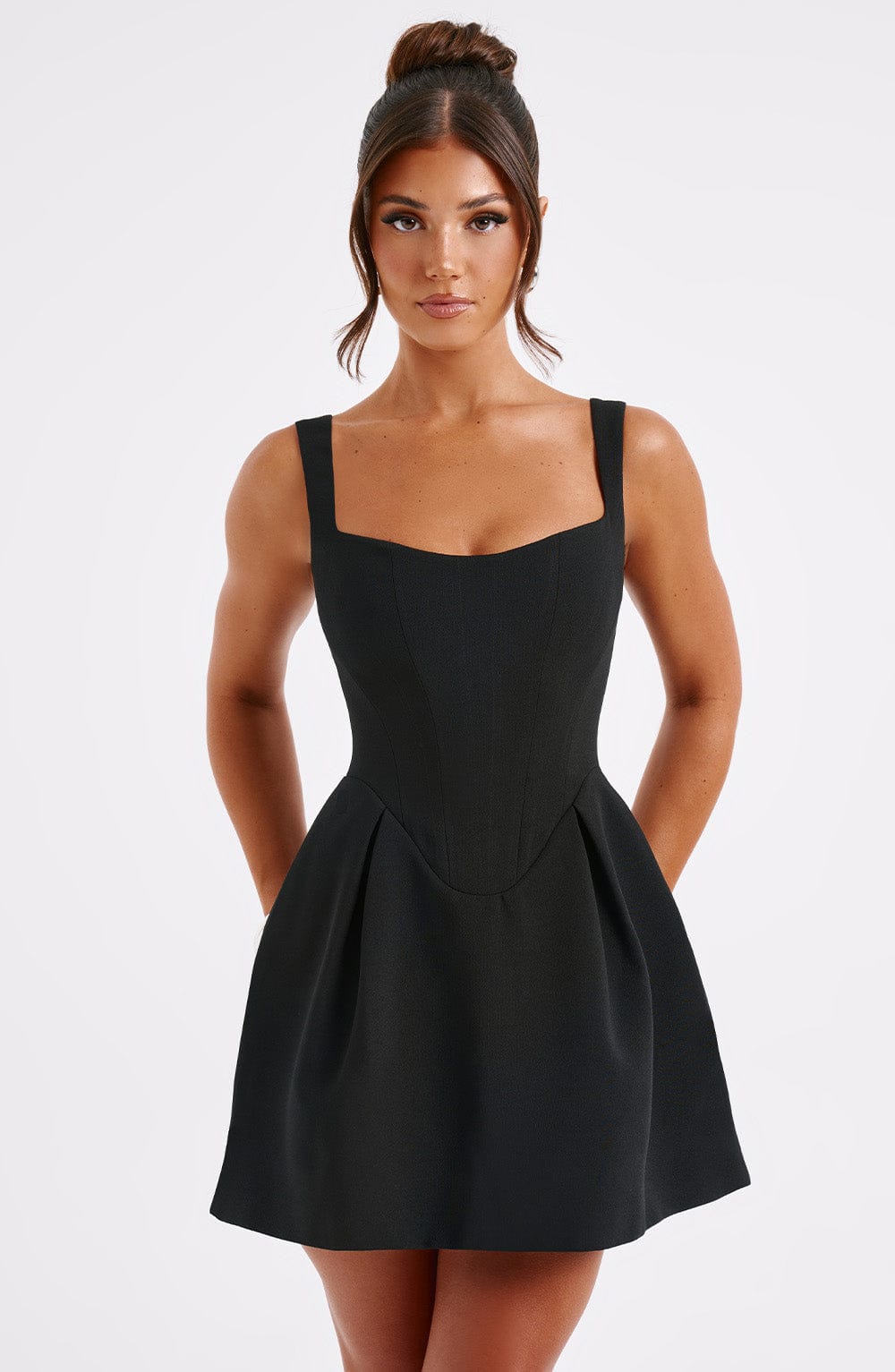 Square neck corset mini dress with pleated A-line skirt and side pockets