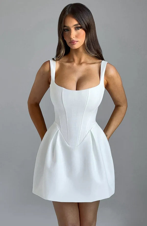 Square neck corset mini dress with pleated A-line skirt and side pockets - view 11