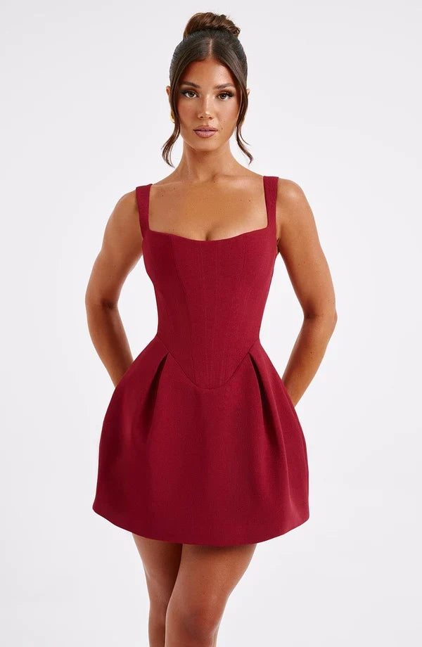 Square neck corset mini dress with pleated A-line skirt and side pockets - view 16