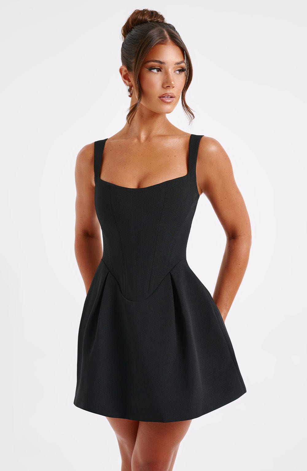 Square neck corset mini dress with pleated A-line skirt and side pockets - view 4