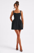 Square neck corset mini dress with pleated A-line skirt and side pockets - view 5