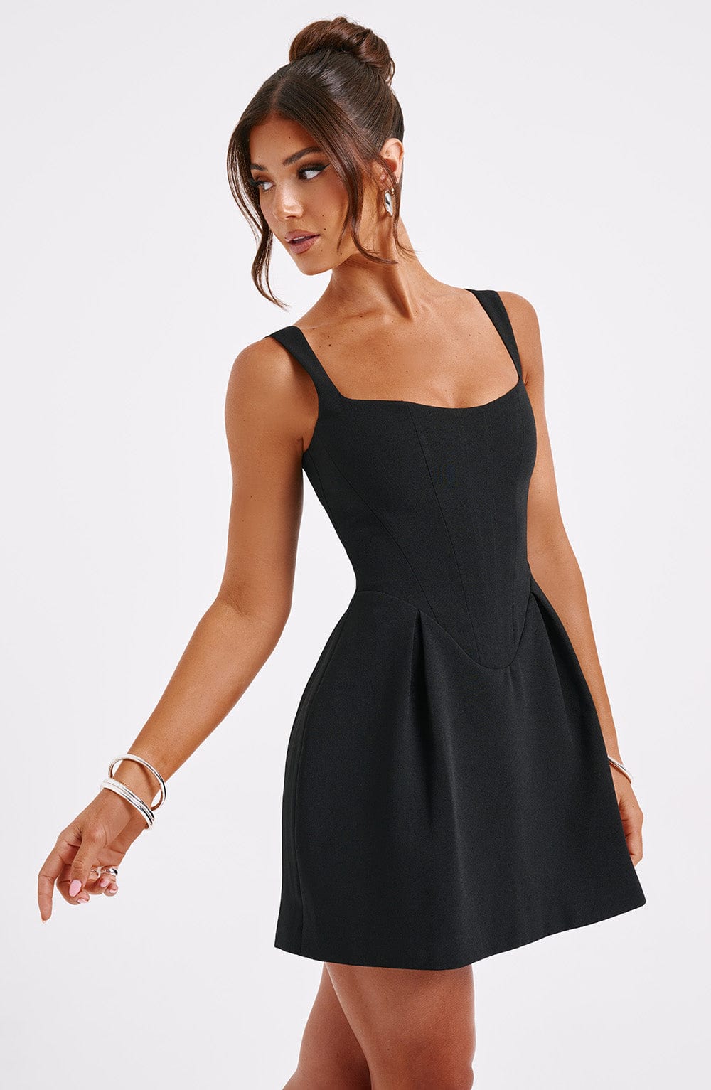 Square neck corset mini dress with pleated A-line skirt and side pockets - view 7