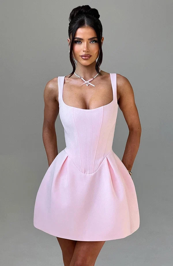 Square neck corset mini dress with pleated A-line skirt and side pockets - view 9