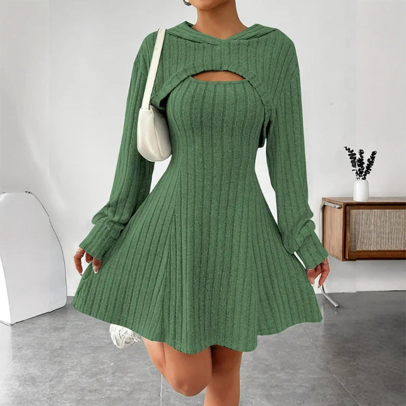 Ribbed knit fit-and-flare mini dress with cropped hoodie shrug - view 10
