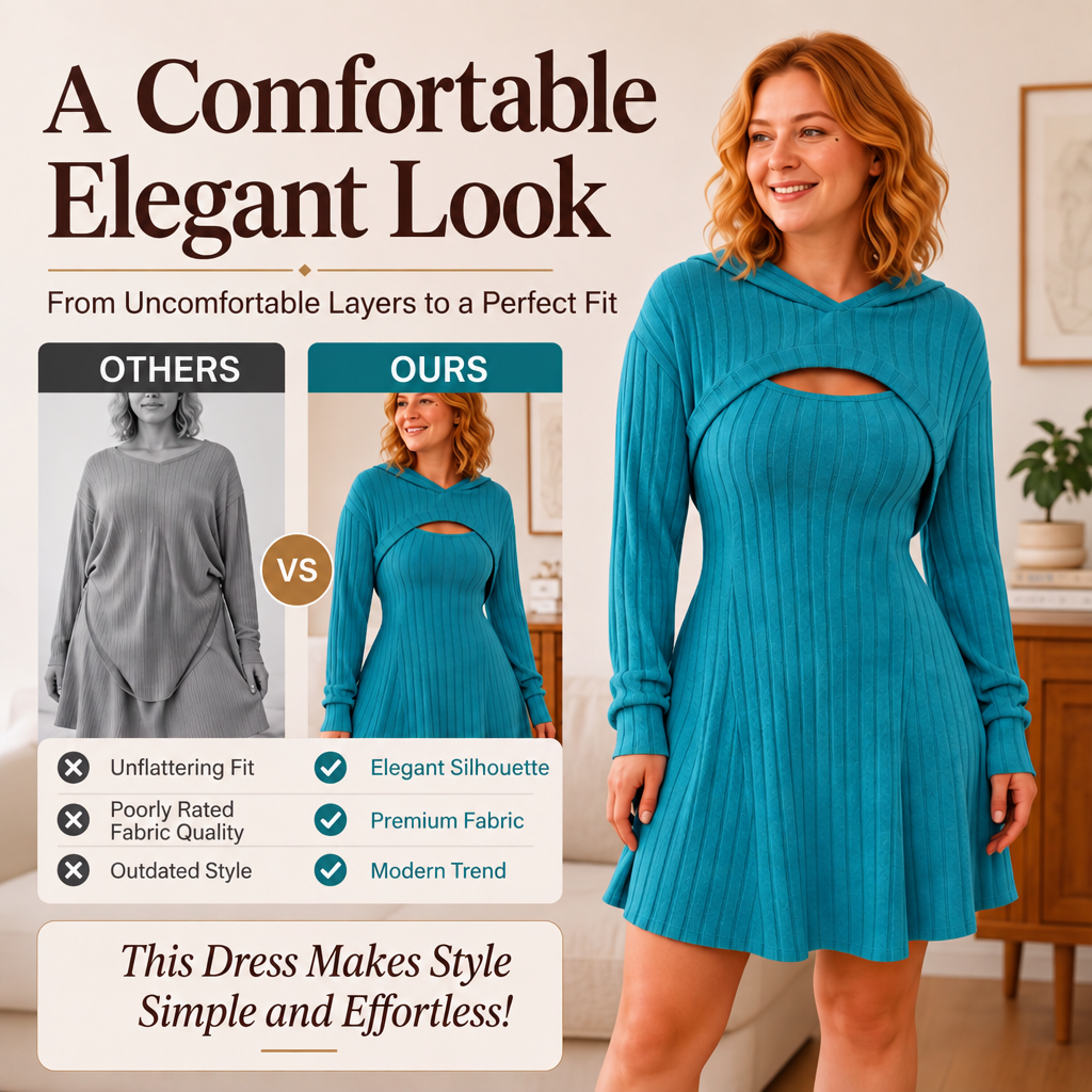 Ribbed knit fit-and-flare mini dress with cropped hoodie shrug - view 12