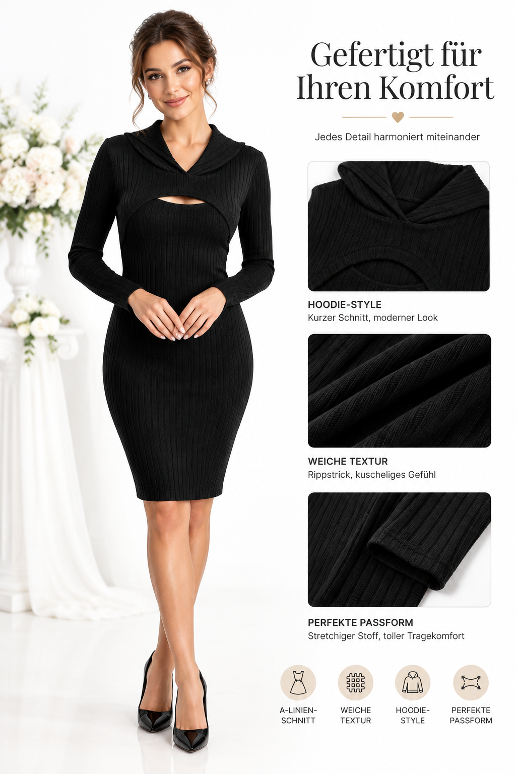 Ribbed knit fit-and-flare mini dress with cropped hoodie shrug - view 13