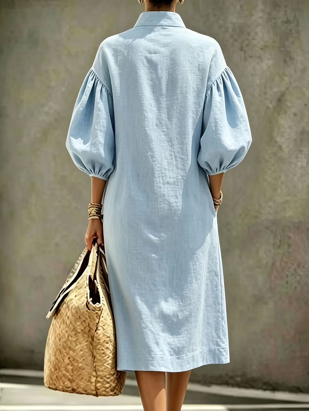 Palmer | Stand Collar Half-Zip Puff Sleeve Midi Dress