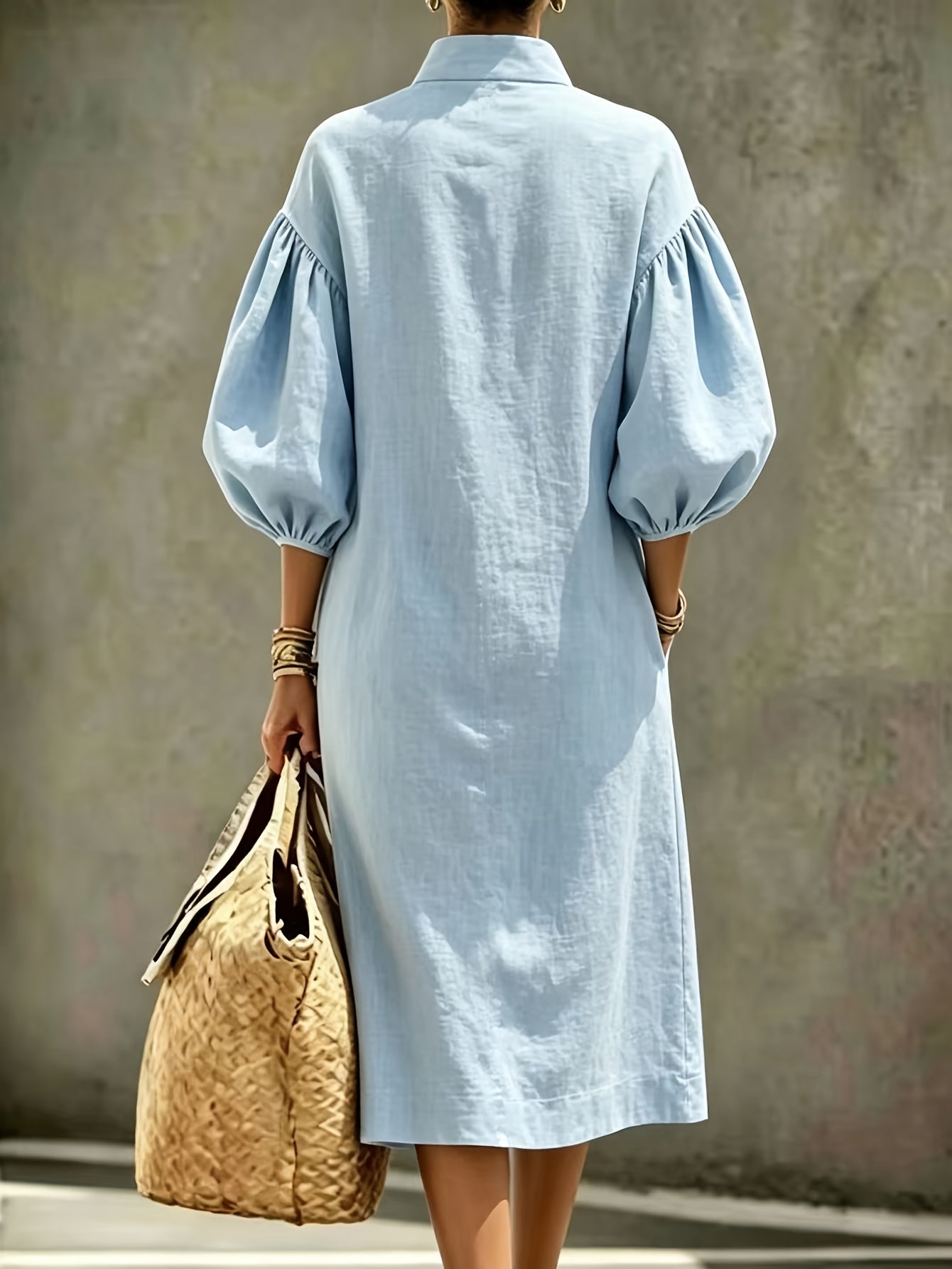 Palmer | Stand Collar Half-Zip Puff Sleeve Midi Dress