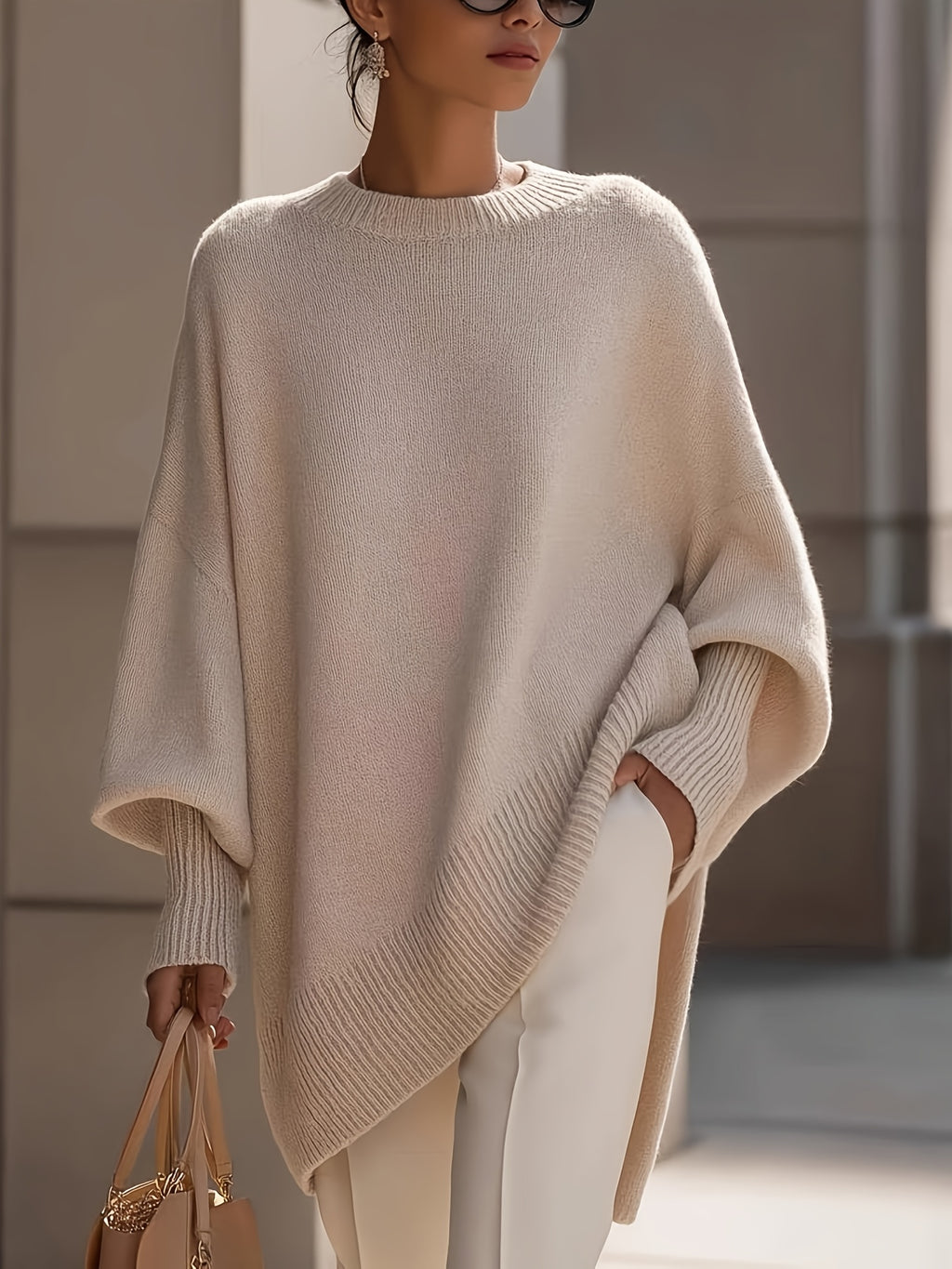Ottilie | Lantern Sleeve Slanted Hem Sweater - front view