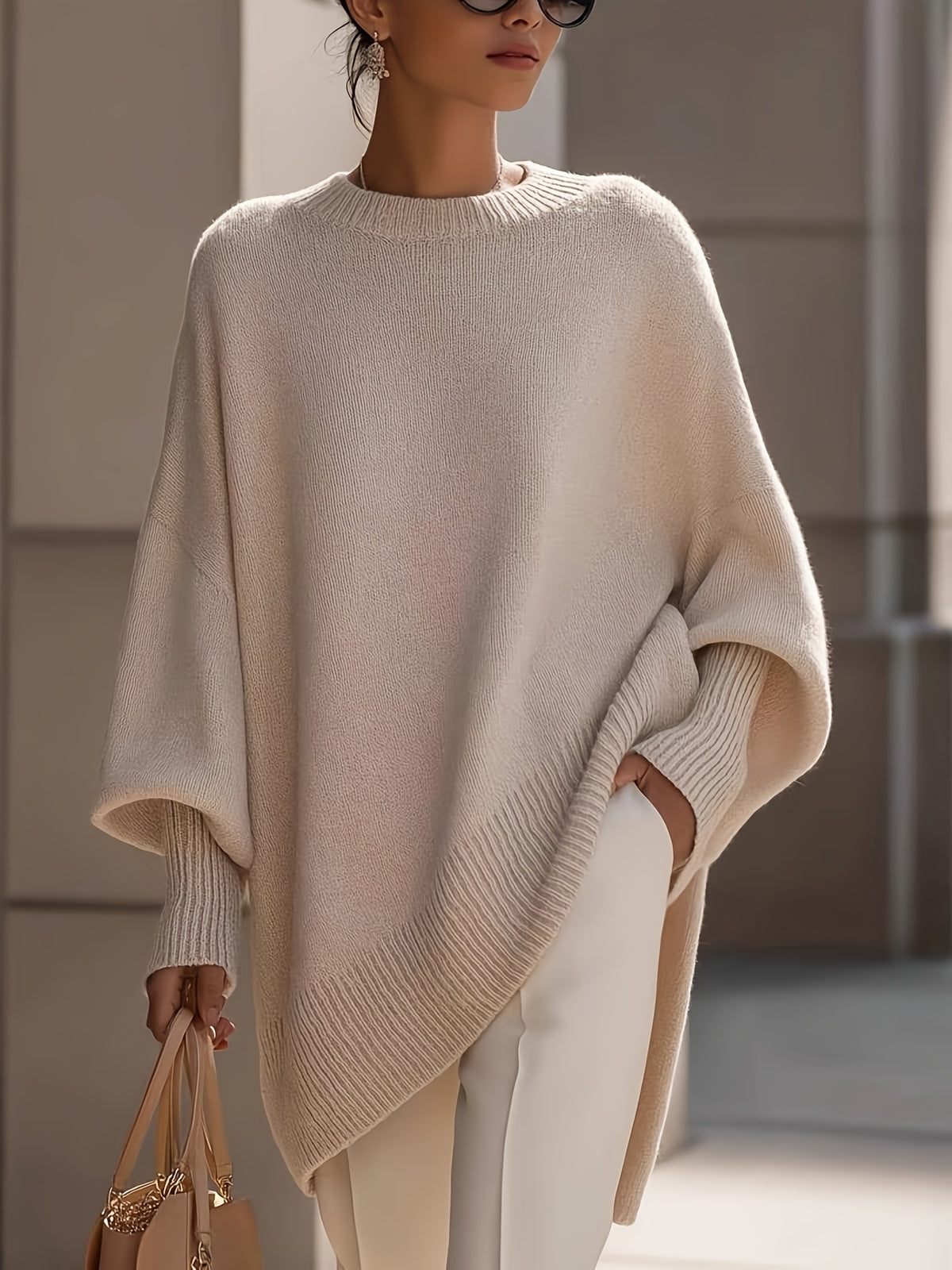 Ottilie | Lantern Sleeve Slanted Hem Sweater - front view