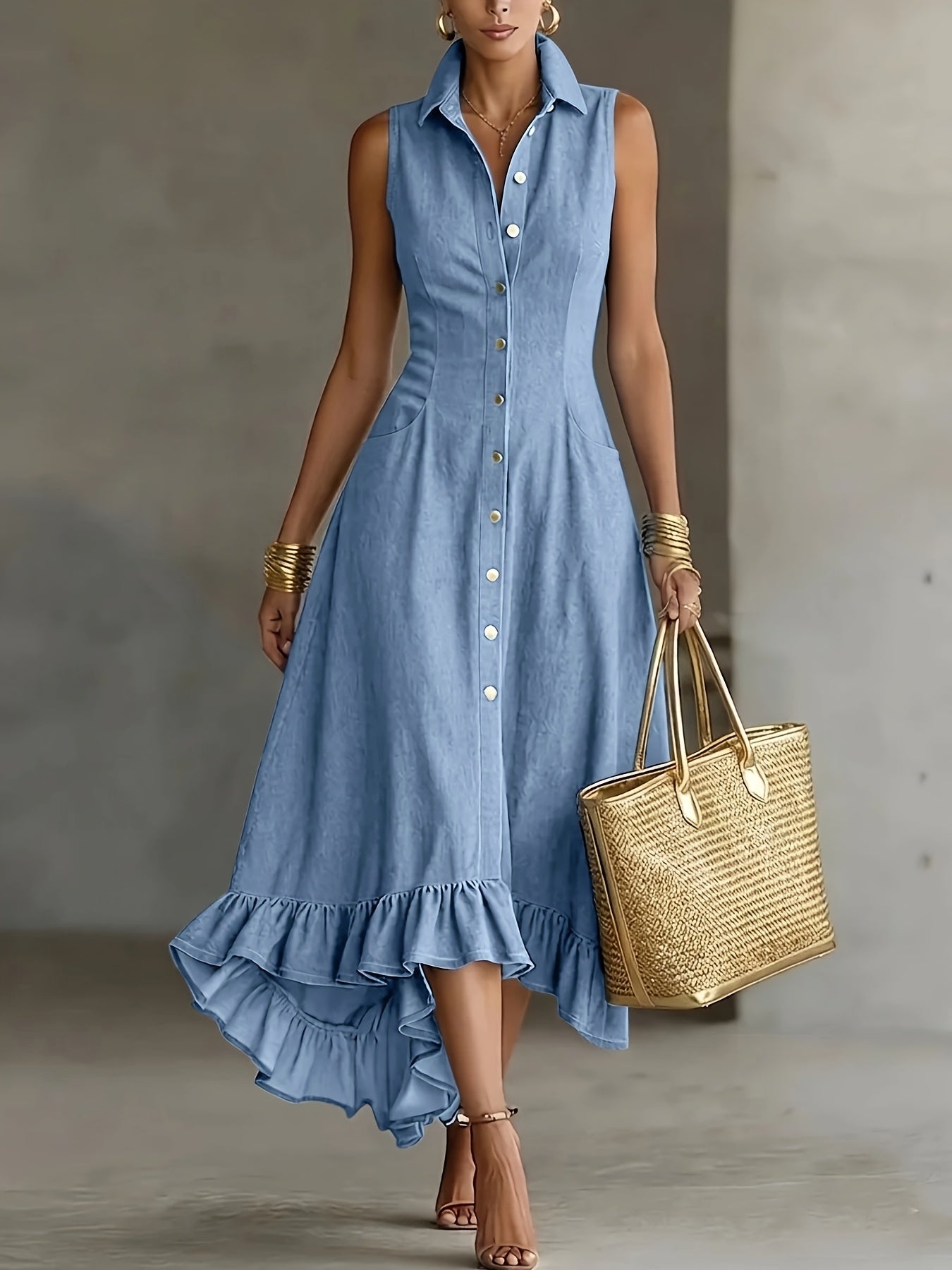 Hollis | Denim-Look Lapel Button-Up Midi Dress