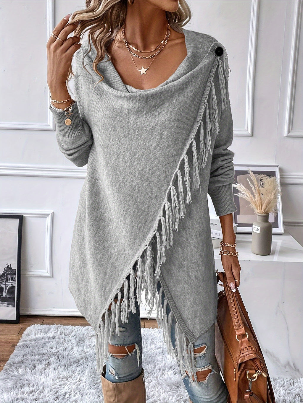 Seraphine | Fringed Draped Neck Shawl - view 7
