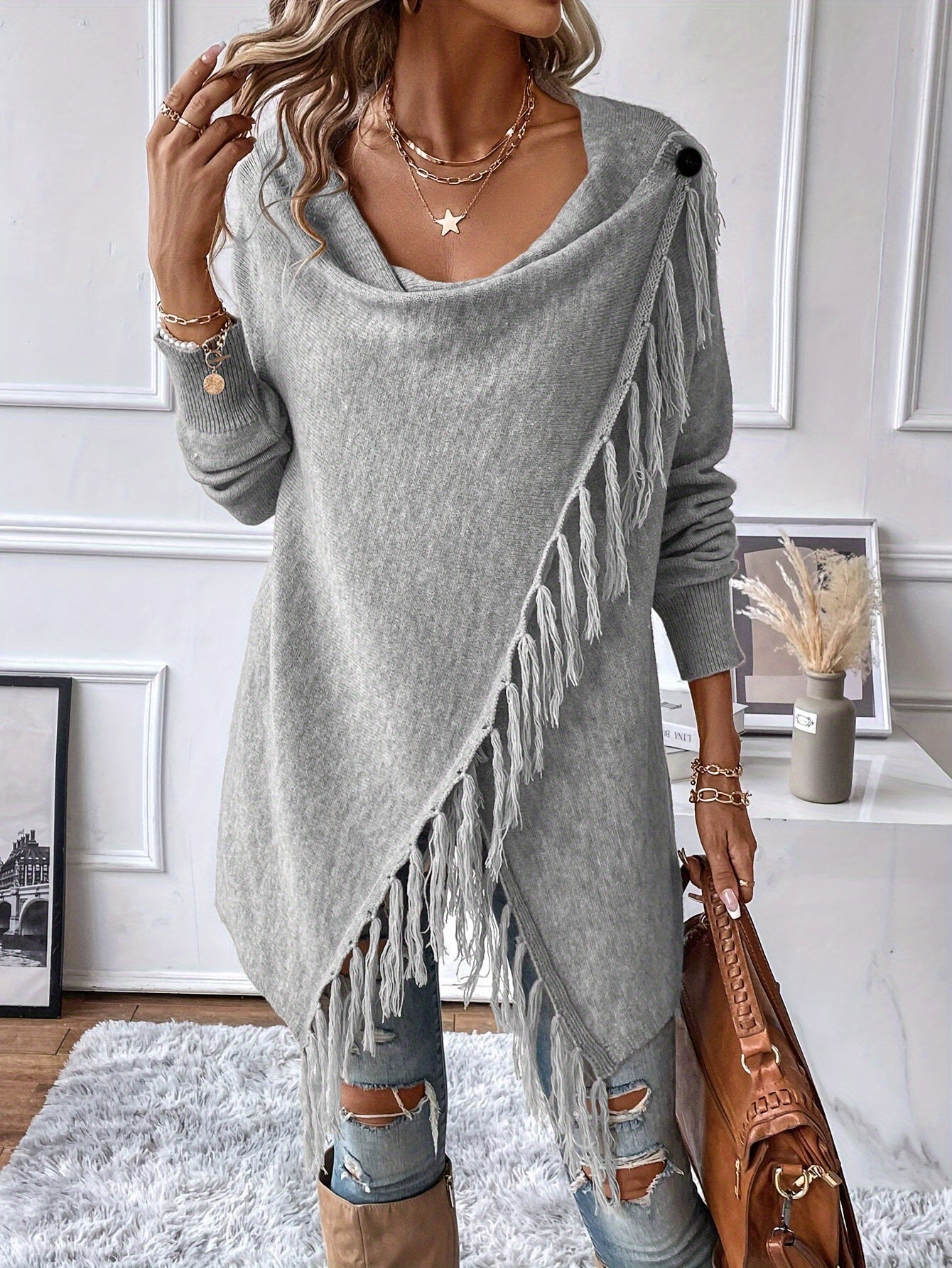 Seraphine | Fringed Draped Neck Shawl - view 7