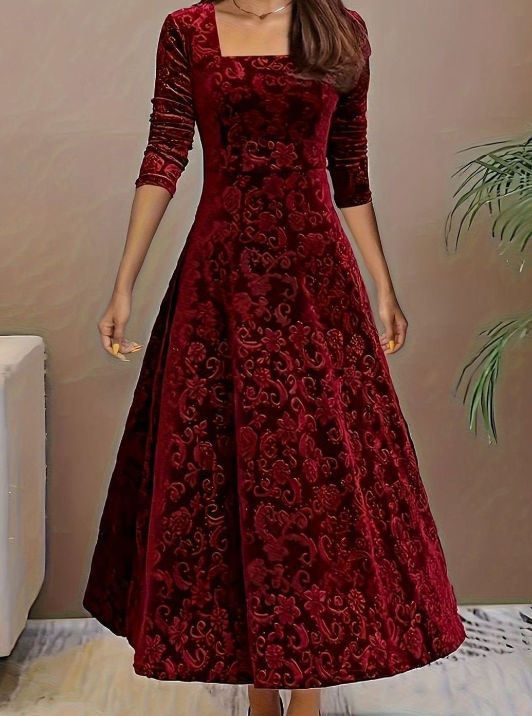 Embossed velvet A-line midi dress with square neckline and fitted sleeves